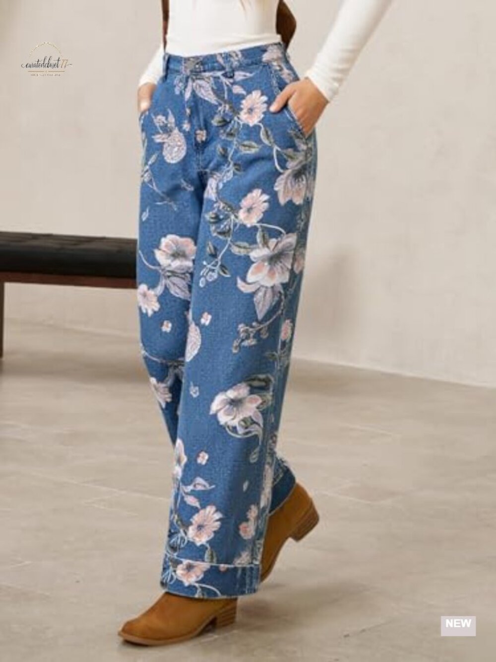 Floral Baggy Wide Leg High Waisted Denim Jeans Boho Print Cotton Blend Relaxed - Picture 3 of 6